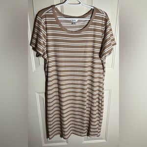 Just Be 3X Tan and White Striped Casual Ribbed Knit Striped Dress Short Sleeves